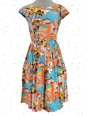 Emily Fin Claudia Havana Pleats Dress Blue Pink Summer Coastal Print Size S NEW